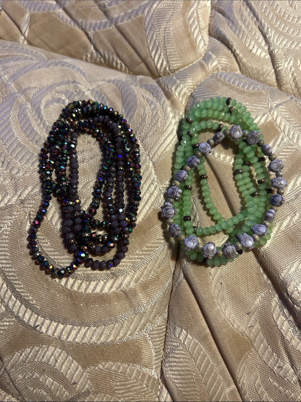 Set of Green and Iridescent Beaded Stretch Bracelets